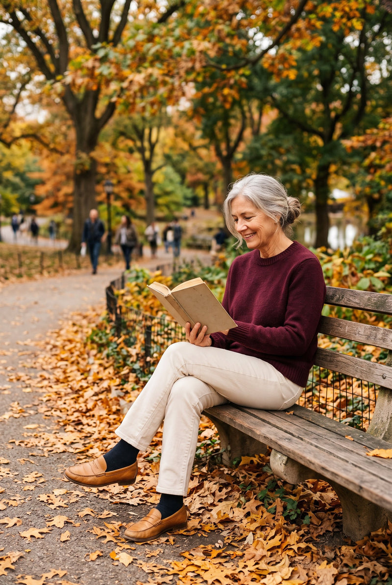 A woman in a burgundy sweater reading on a park bench in autumn