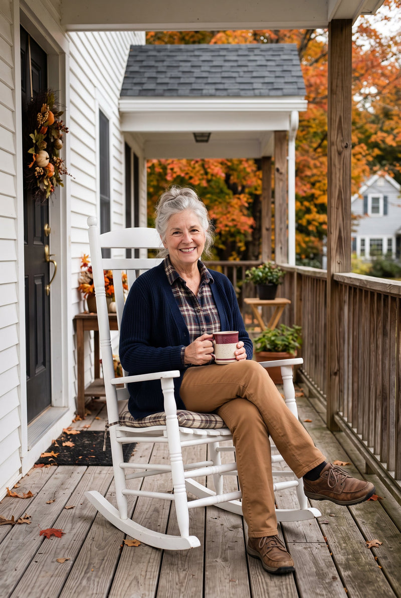 A woman in a navy cardigan with a mug in a rocking chair on a porch