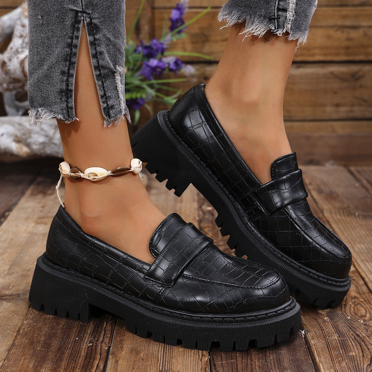 P|H - Croc Embossed Lug Sole Loafers Sharon