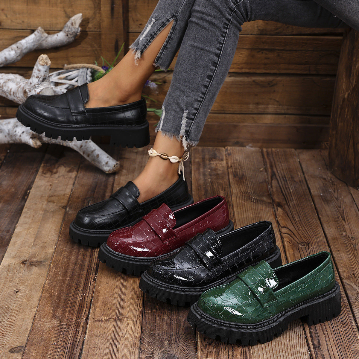 P|H - Croc Embossed Lug Sole Loafers Sharon