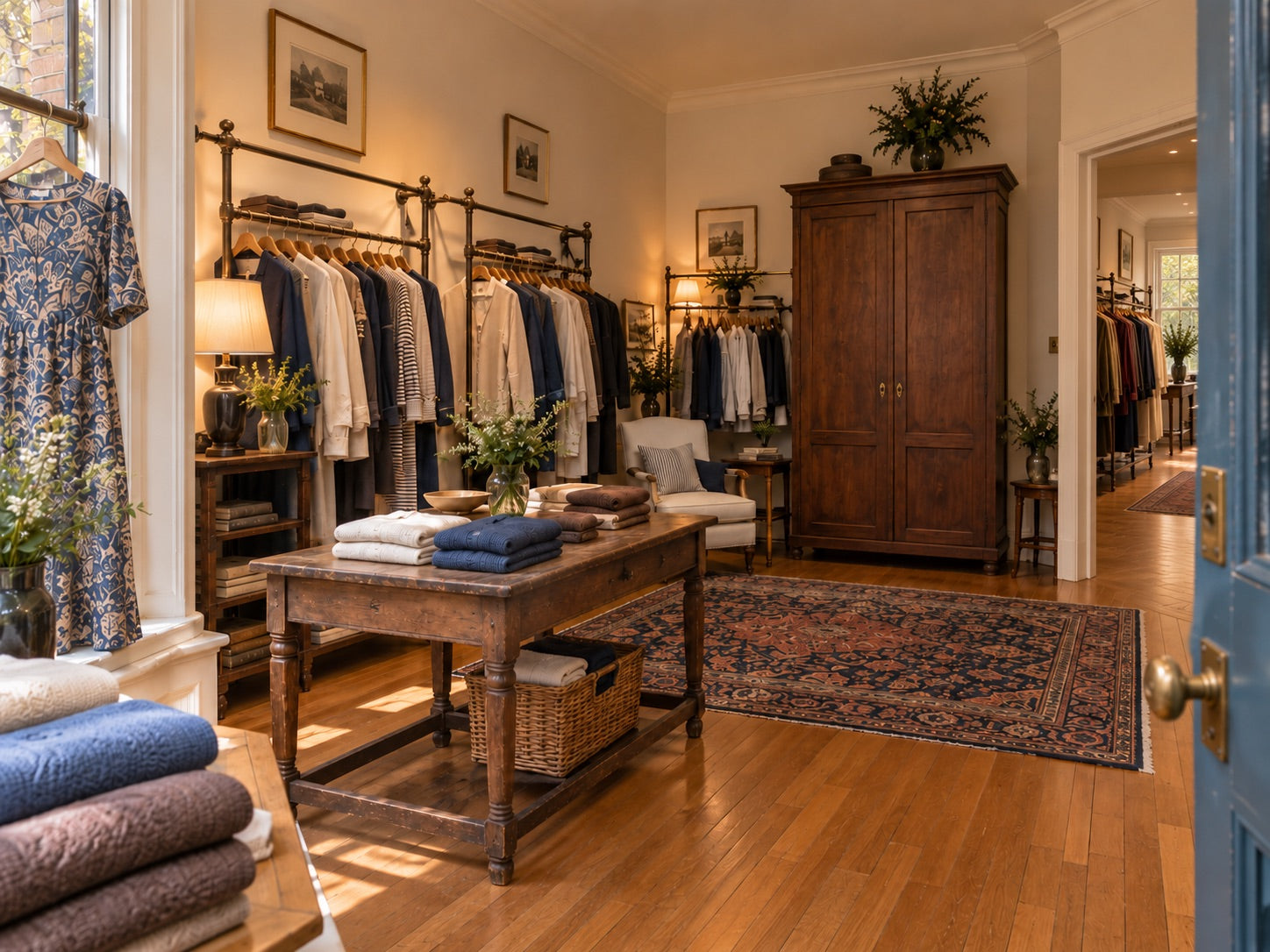 The front room of the Parker & Hayes townhouse with a wooden display table