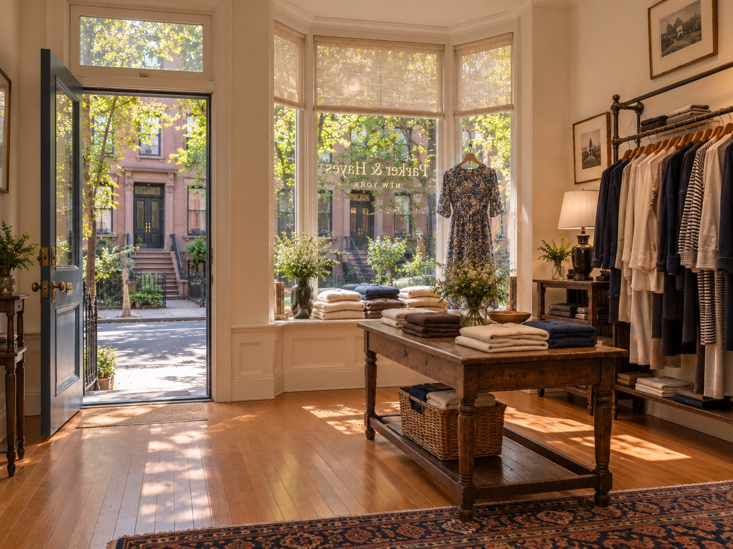 The open front door of the Parker & Hayes townhouse, seen from inside the shop